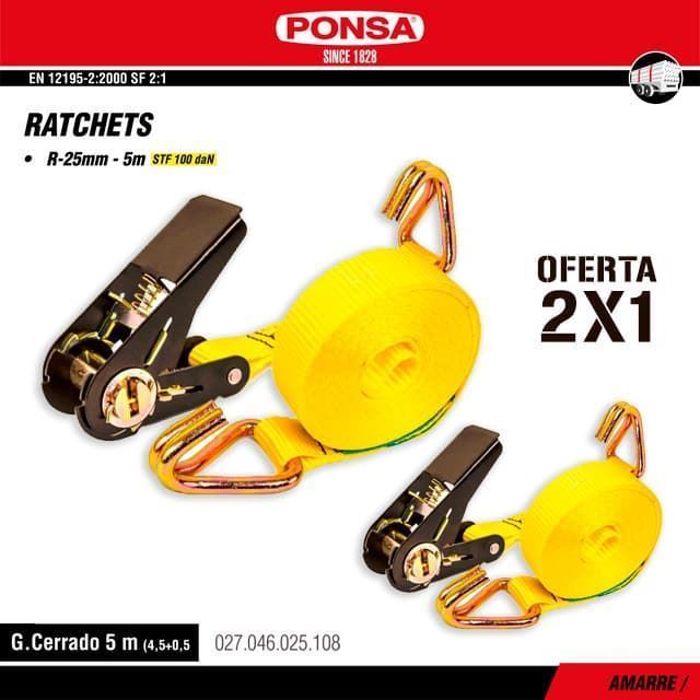 2X1 Cinta Amarre Ratchet 25MM PONSA 5M Gancho Cerrado - Imagen 1