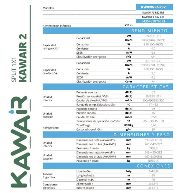 Aire Acondicionado KAWAIR SPLIT 1x1 2.6 kW / KW09WF-R32 / WIFI INCLUIDO / GAS R32 - Imagen 2