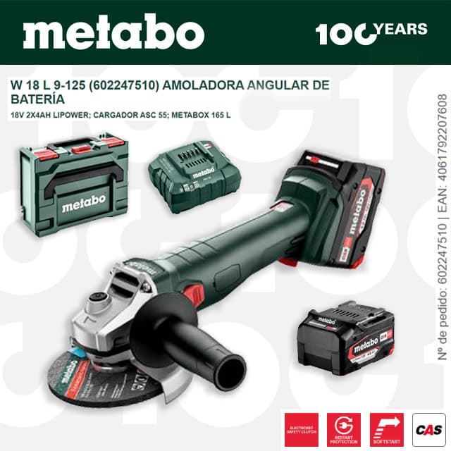 Amoladora Batería METABO W 18 L 9-125 + 2 Baterías 4.0Ah + Cargador + metaBOX - Imagen 1