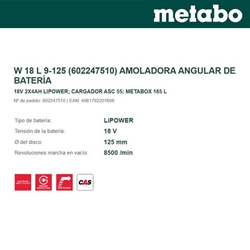 Amoladora Batería METABO W 18 L 9-125 + 2 Baterías 4.0Ah + Cargador + metaBOX - Imagen 2