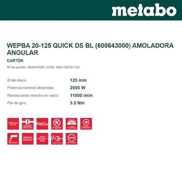 Amoladora METABO WEPBA 20-125 Quick DS BL - Imagen 2