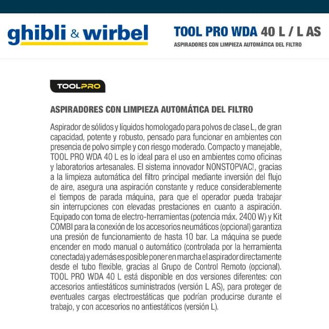 Aspirador Industrial GHIBLI&WIRBEL ToolPro WDA40 L AS - Imagen 3