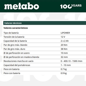 Atornillador METABO PowerMaxx BS BL Quick 12V + 2Baterías 12V/2Ah Li-Power + Cargador + Maletin - Imagen 2