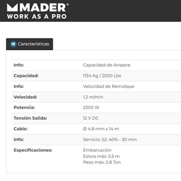 Cabestrante de Remolque MADER 2200W/1134Kg - Imagen 2