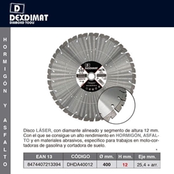Disco Corte Hormigón/Asfalto DEXDIMAT D.400 h-12 Diamante Alineado - Imagen 2