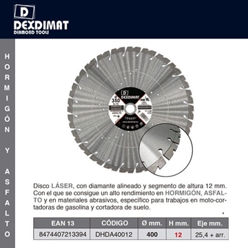Disco Corte Hormigón/Asfalto DEXDIMAT D.400 h-12 Diamante Alineado - Imagen 2