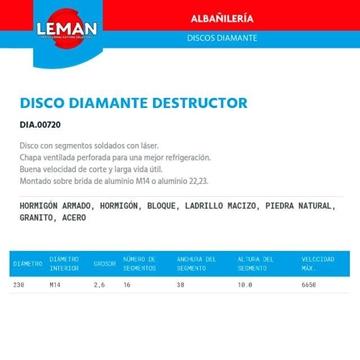 Disco Diamante General de Obra LEMAN 230 Tuerca M14 - Imagen 2