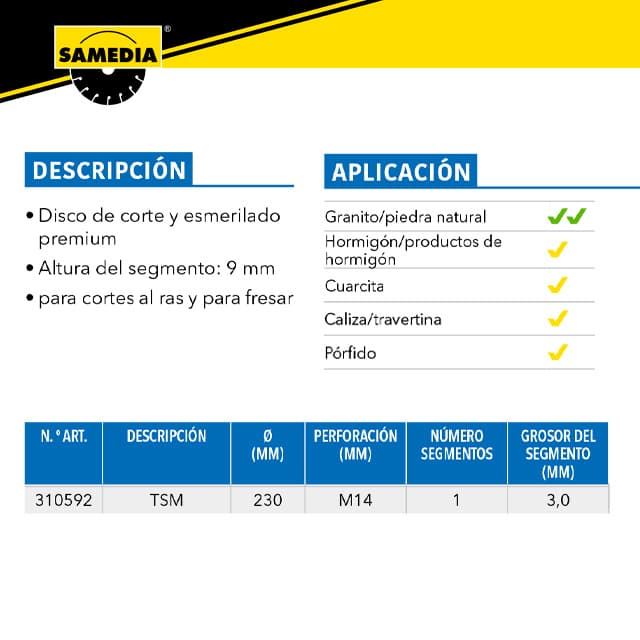 Disco Diamante SAMEDIA Master TSM 230 M14 Granito - Imagen 2
