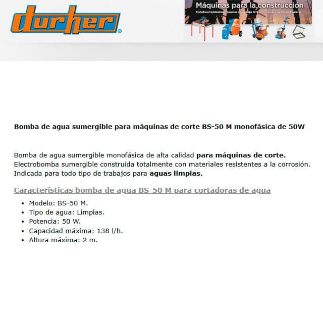 Electrobomba Sumergible DURHER BS-50M Mesas de Corte - Imagen 2