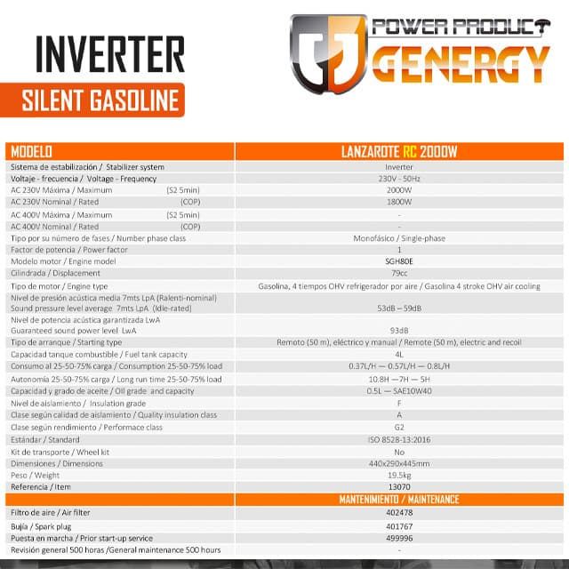 Generador Gasolina Inverter GENERGY Lanzarote RC 2000W - Imagen 3