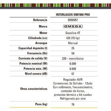 Generador Gasolina OMEGA Interlagos OM7000 Pro - Imagen 2