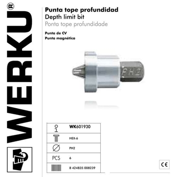 Juego 6 Puntas Profundidad WERKU HEX-6 CV PH2 - Imagen 1