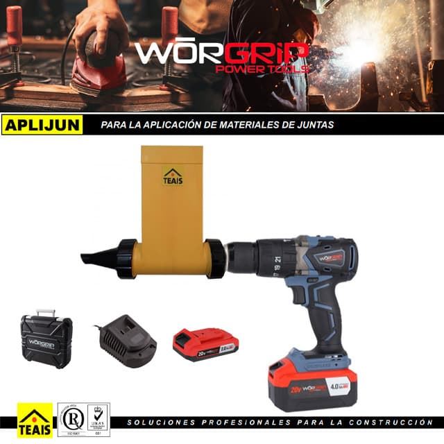 Kit Aplicador de Juntas TEAIS + Taladro WORGRIP 20V BL Pro + 2 Baterias (4Ah/2Ah) + Cargador - Imagen 1