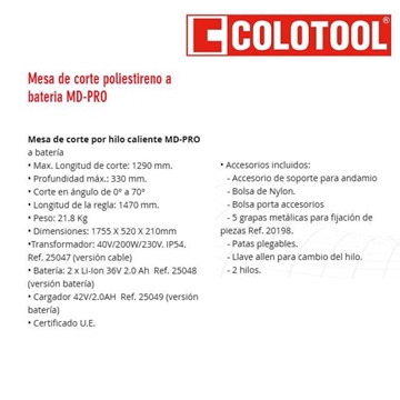Mesa de Corte Poliestireno Hilo Caliente a BATERÍA COLOTOOL MD-Pro SATE - Imagen 2