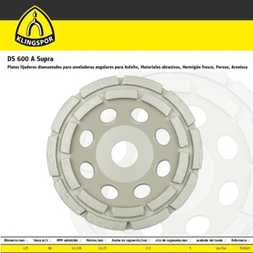 Plato Abrasivo Diamantado KLINGSPOR DS600A 125X22.23 - Imagen 1