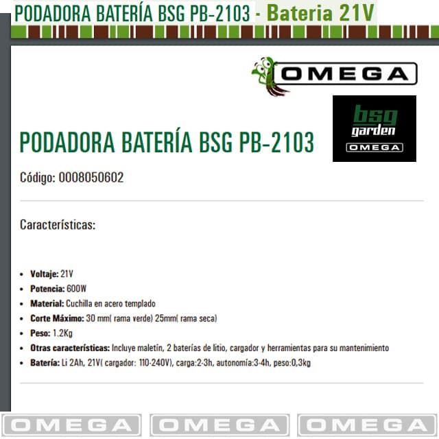 Podadora Batería OMEGA BSG-2130 21V Cargador + 2 Baterías Litio 2Ah - Imagen 2