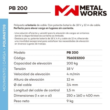Polipasto a Batería 18V METAL WORKS PB200 - Imagen 2