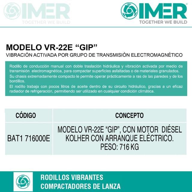 Rodillo Compactación Vibrante IMER VR-22E GIP. Motor Diésel KOHLER. Arranque Eléctrico - Imagen 3