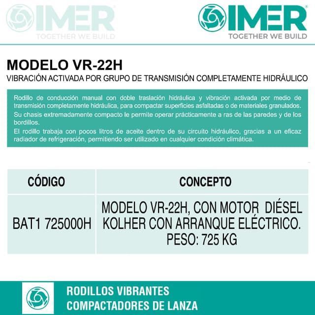 Rodillo Compactación Vibrante IMER VR-22H. Motor Diésel KOHLER. Arranque Eléctrico - Imagen 3