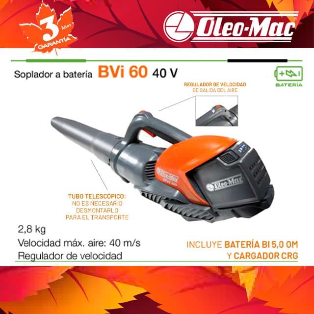Soplador Batería OLEO-MAC BVi 60 Boost + Bi5.0 + Cargador 40V - Imagen 1