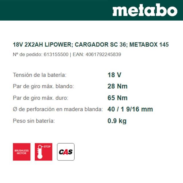 Taladro Atornillador METABO BS18 L BL + 2 Baterias 2Ah + Cargador SC36 + Maletín - Imagen 2