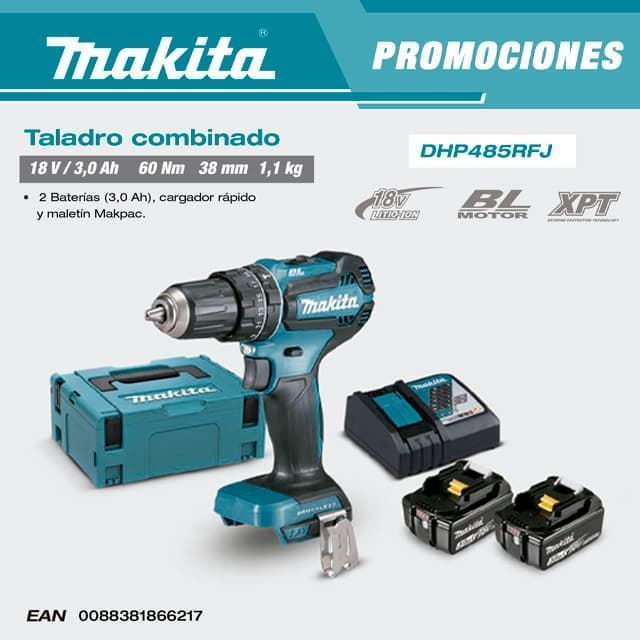 Taladro Combinado MAKITA 18V LXT DHP485RFJ BrushLess MakPac + 2 Baterías 3Ah + Cargador - Imagen 1