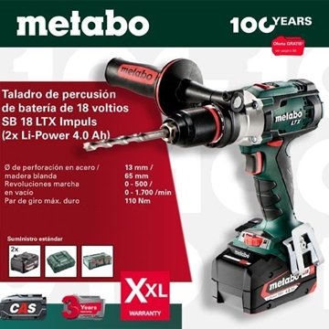 Taladro de Percusión METABO SB 18 LTX Impuls + 2 Baterías Li-Power 4.0AH + Cargador + Maletin - Imagen 1