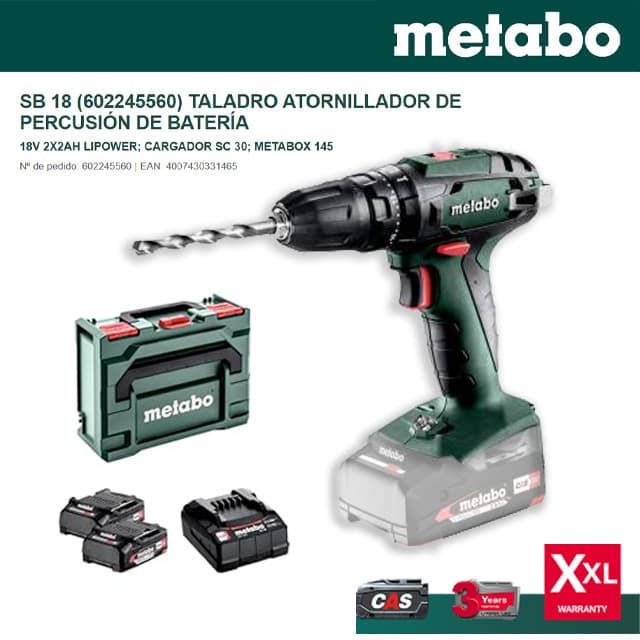 Taladro de Percusión METABO SB18 + 2 Baterías 2.0Ah + Cargador + Maletín - Imagen 1