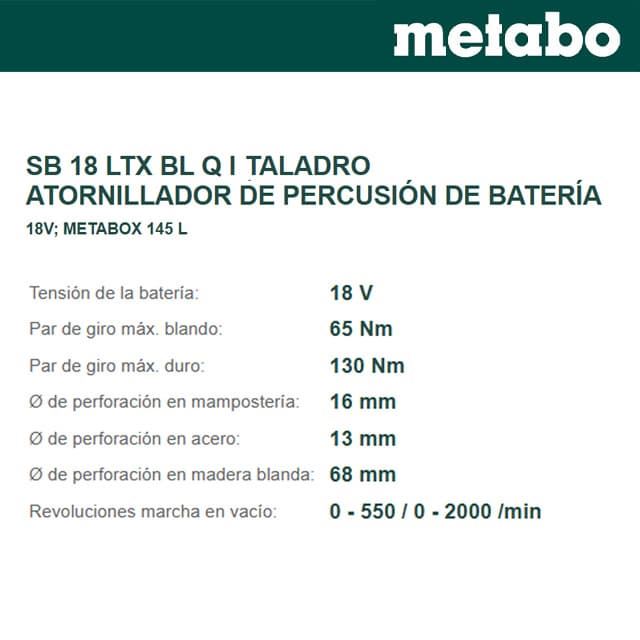 Taladro Percutor 130Nm METABO SB 18 LTX BL Q I + 2 Baterías 4.0Ah + Cargador + metaBOX - Imagen 2
