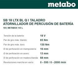 Taladro Percutor 130Nm METABO SB 18 LTX BL Q I + 2 Baterías 4.0Ah + Cargador + metaBOX - Imagen 2