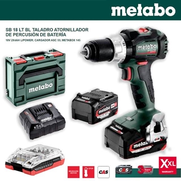 Taladro Percutor METABO SB18LT BL (Sin Escobillas) + 2 Baterías 4.0Ah + Cargador + metaBOX + Set Puntas 32Pcs Battery Box - Imagen 1