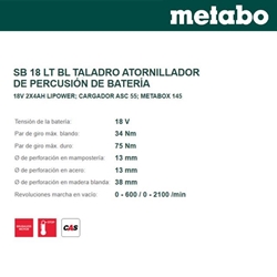 Taladro Percutor METABO SB18LT BL (Sin Escobillas) + 2 Baterías 4.0Ah + Cargador + metaBOX + Set Puntas 32Pcs Battery Box - Imagen 2