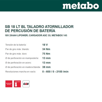 Taladro Percutor METABO SB18LT BL (Sin Escobillas) + 2 Baterías 4.0Ah + Cargador + metaBOX + Set Puntas 32Pcs Battery Box - Imagen 2