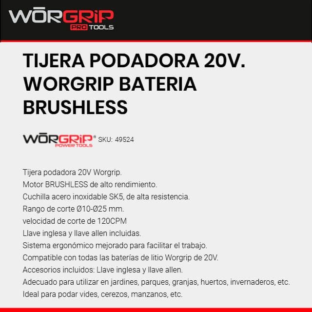 Tijera de Poda Batería 20V WORGRIP Pro 10-25MM SK5 - Imagen 3