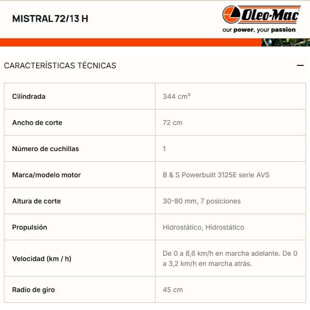 Tractor Cortacésped Rider OLEO-MAC MISTRAL 72/13H - Imagen 5